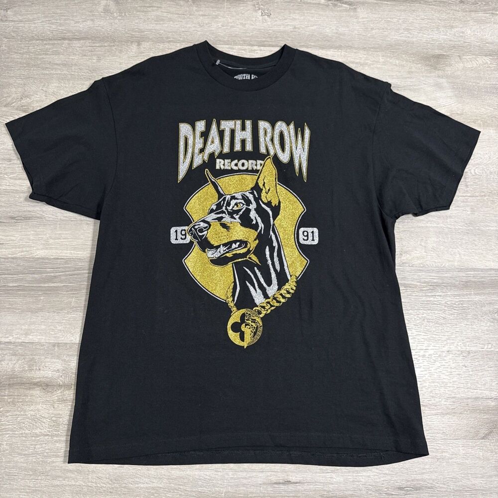 Death Row Records Shirt Doberman Glitter Logo Men’s XL Black Hip Hop Rap
